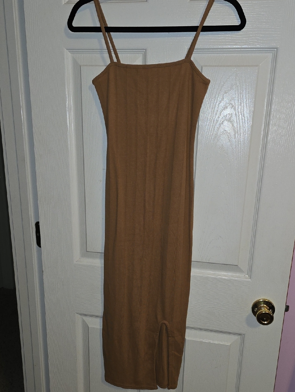 Minimalist‎ Tan Slip Midi Dress with Spaghetti Straps